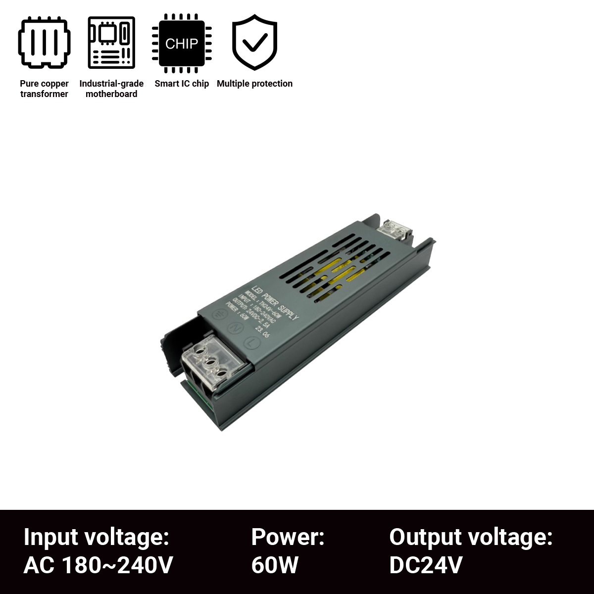 Ultradünner Treiber für LED-Streifen, Konstantspannungs-Netzteil, DC 12 V/24 V, Beleuchtungstransformatoren, Mini60 W, 100 W, 150 W, 200 W, 300 W, 400 W: Black