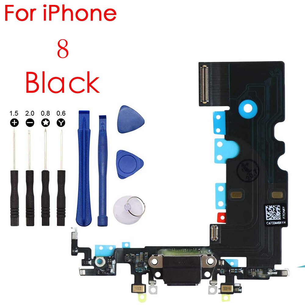 Charging Port USB Dock Connector Flex Cable Assembly Replacement With Screwdriver Repair Tool Kit For iPhone 7 7Plus 8G 8 Plus: 8 Black