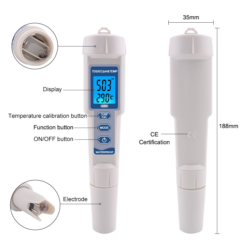 PH-3580 Digital PH Meter 4 in 1 PH/TDS/Temp/ EC Tester Conductivity Monitor Water Quantity Test Tool TDS Analyzer for Aquarium