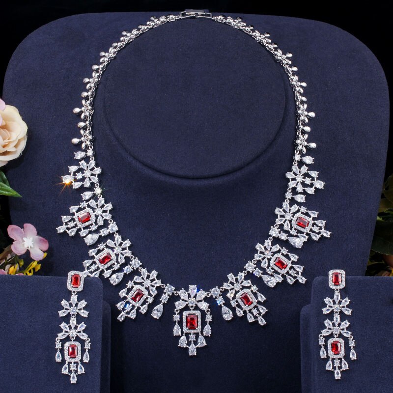 Beakeen-boucles d'oreilles et colliers en zircone cubique vert, grands ensembles de bijoux de mariée de dubaï, accessoires de mariage, JS207: Red