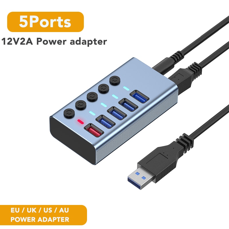 USB3.0 HUB With 12V Power Adapter EU UK US AU Splitter 2.4A Fast Charging And 10Ports USB HUB Simultaneously Read Write At 5Gbps: 5Ports HUB
