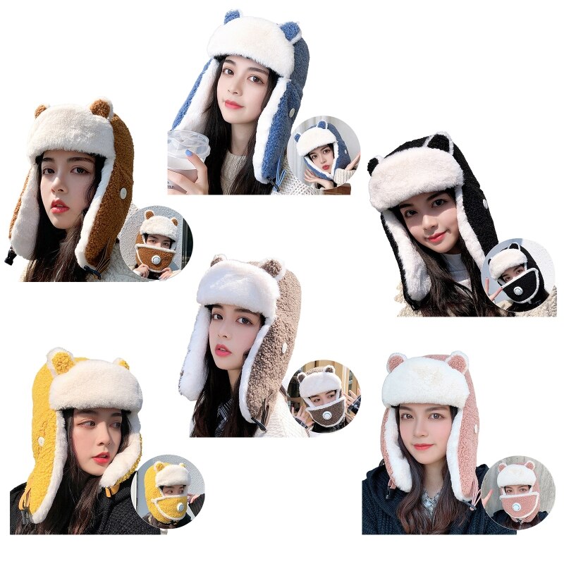 Women Cartoon Bear Ears Winter Trooper Trapper Hat with Removable Dustproof Face Mask Thermal Fleece Lining Earflap Cap