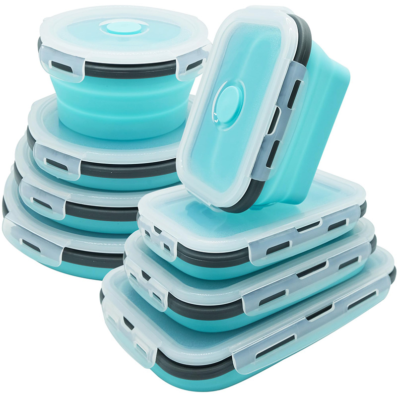 Recipientes redondos plegables de silicona con tapa aptos para congelador y lavavajillas Fiambrera rectangular plegable para camping