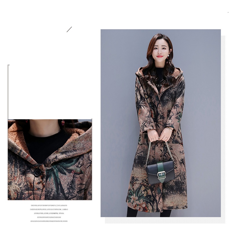 Vinter store størrelse tøj til kvinder langærmet hætte uld frakke trend vintage print frakke tykkere lange damefrakker 2290