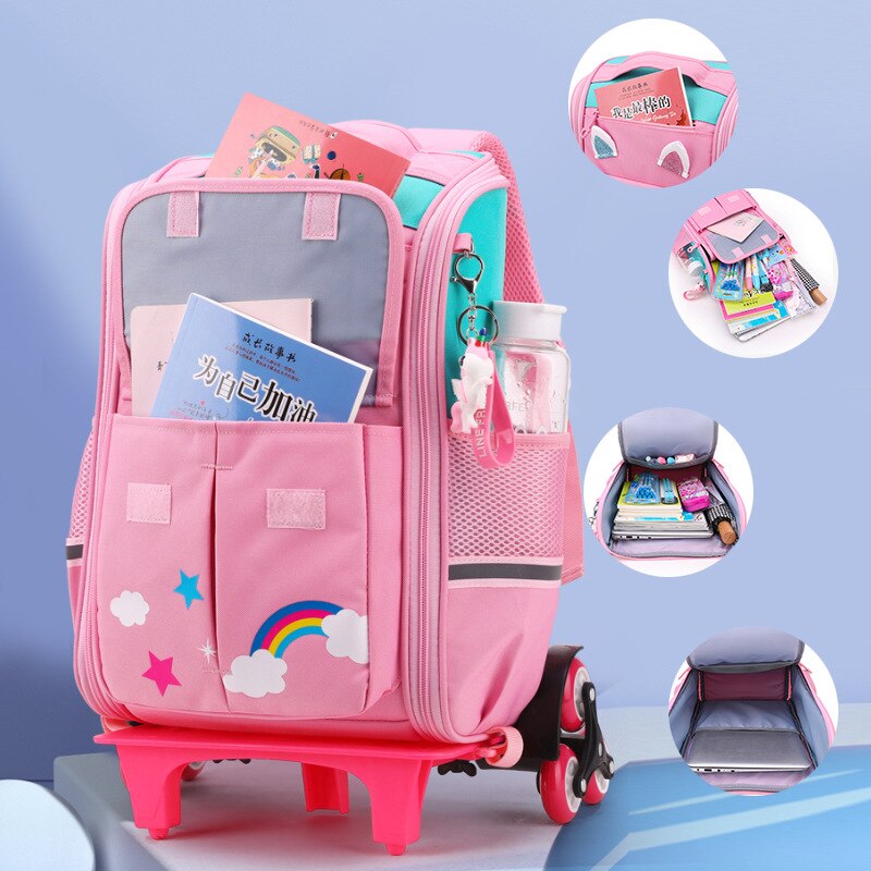 Kinder Trolley Rucksack Räder Student Hohe Kapazität Schultaschen Rollrucksack Kinder Trolley Tasche Schulrucksack Rolltasche