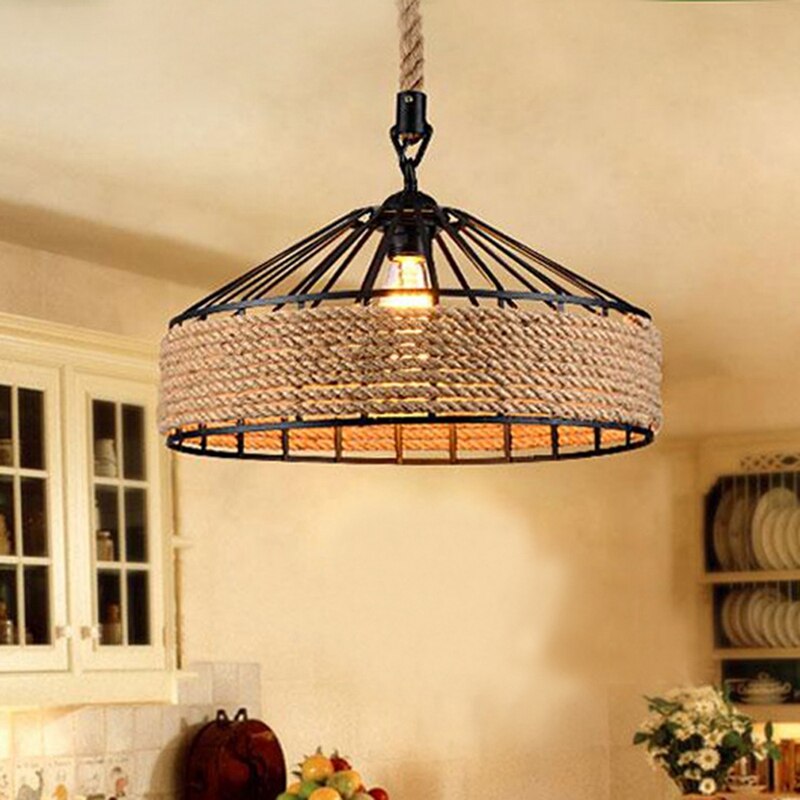 Hennep Touw Hanglamp Industriële Stijl JMrider Vintage Hanglamp Met Katrol - Verstelbare E27 Kroonluchter Met Hennep Touw Voor Industrieel Interieur E27 Kroonluchter Woonkamer