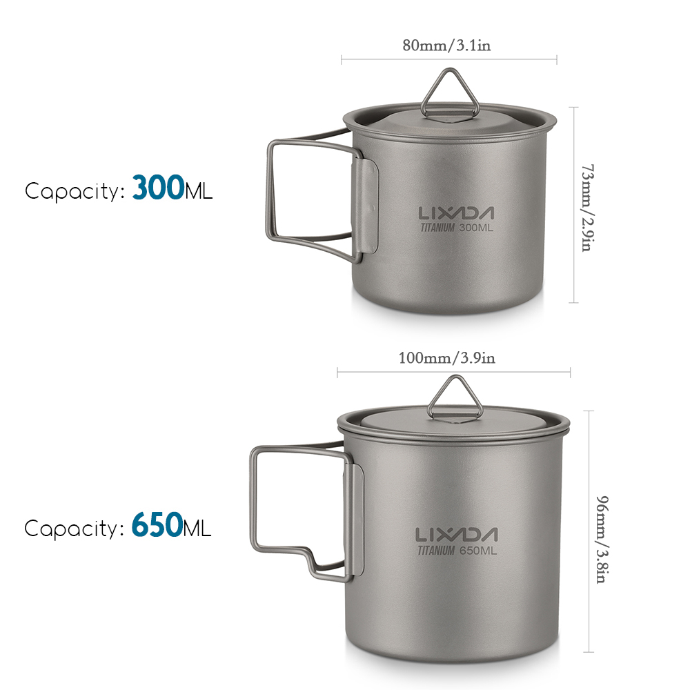 Lixada Ultralight Titanium Cup Outdoor Draagbare Camping Picknick Water Cup Mok Opvouwbare Handvat/350 Ml/420 Ml/ 650 Ml/750 Ml