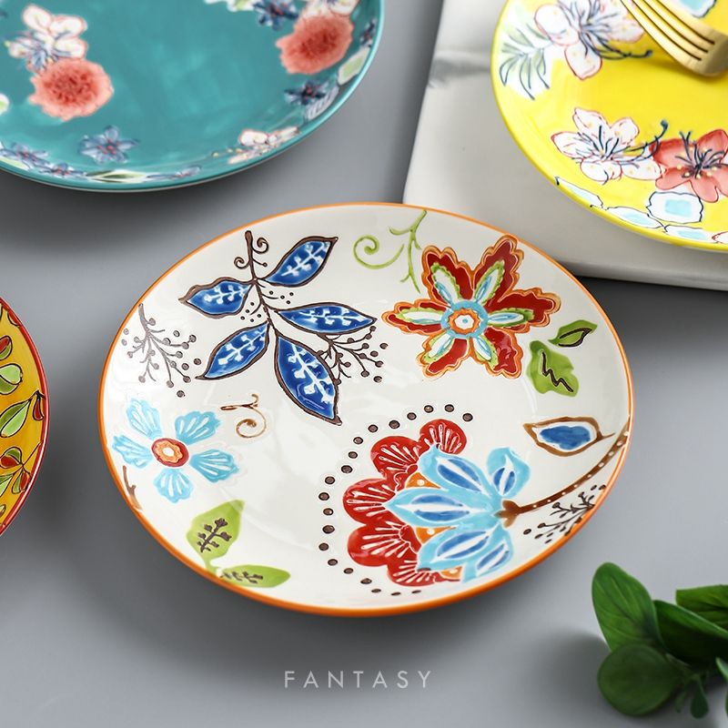 Foreign Trade Authentic Tableware Hand-Painted Relief Glazed Plate High-End Kitchen Plate Salad Steak Plate Sushi Plate