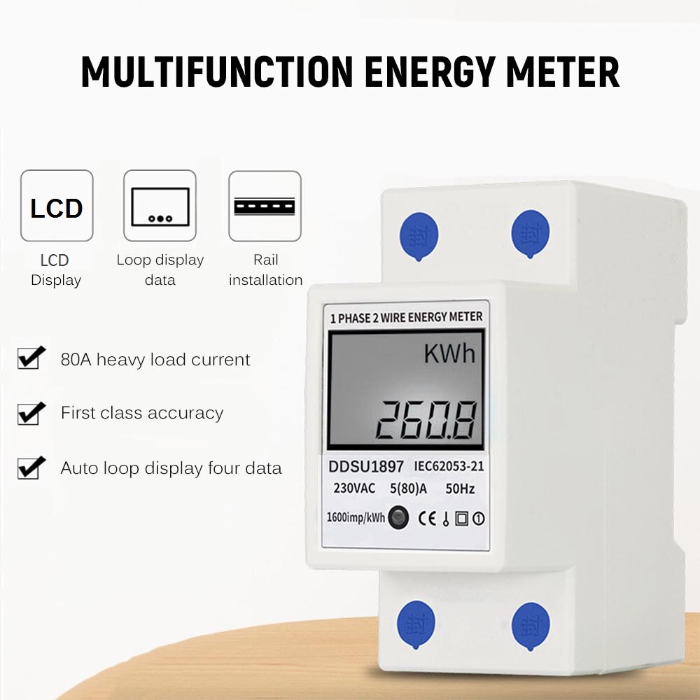 Digital Electric Energy Meter Single Phase DIN Rail Electricity Meter One Phase Two Wire Multifunction Electrical Meter Tools: Brown
