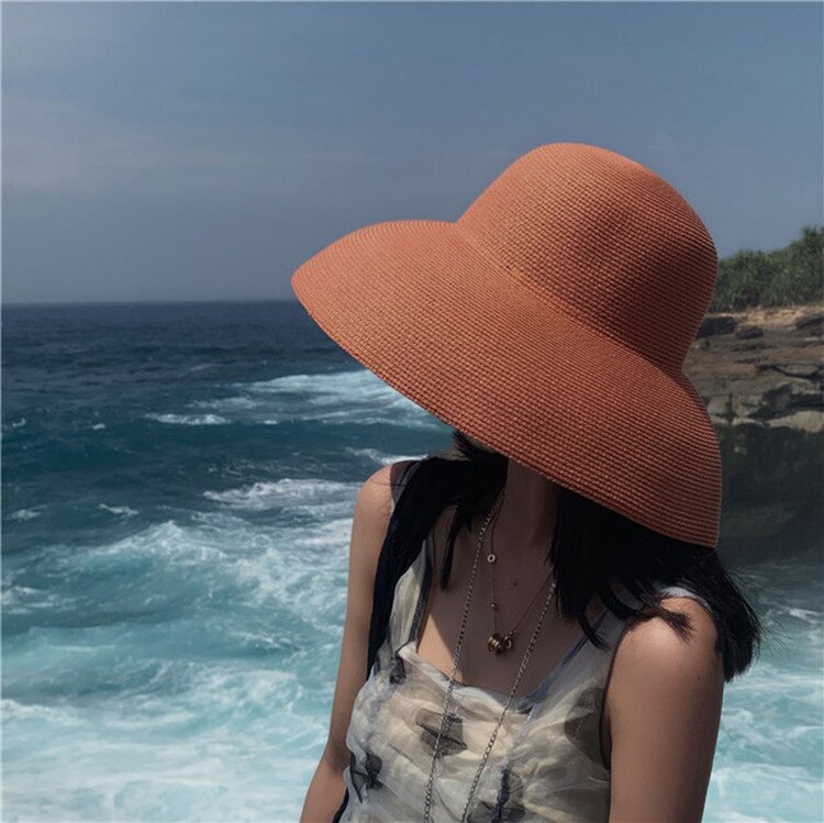 Hepburn Style Summer Japanese Straw Hat Sunken Bell-shaped Big Eaves Beach Hat Vintage Fold Fisherman Cap Atmosphere