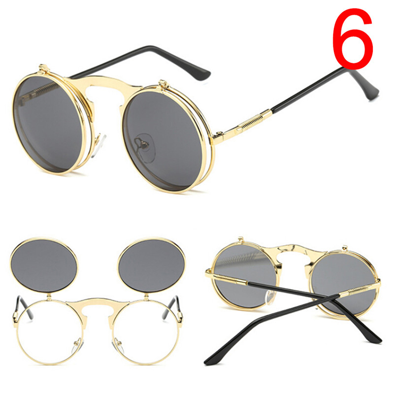 Metal Punk Sun Glasses Male Retro Steampunk Round Flip Up Sunglass Women Mens Clip On Sunglasses: 6