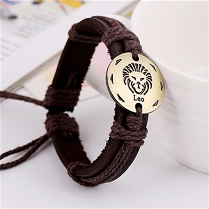 12 konstellationer armbånd smykker læder armbånd mænd afslappet personlighed stjernetegn punk armbånd: Leo