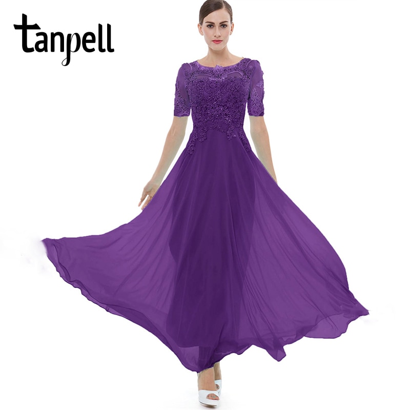Tanpell purple long evening dress lace beading o neck short sleeves ankle length a line dress women formal prom evening dresses