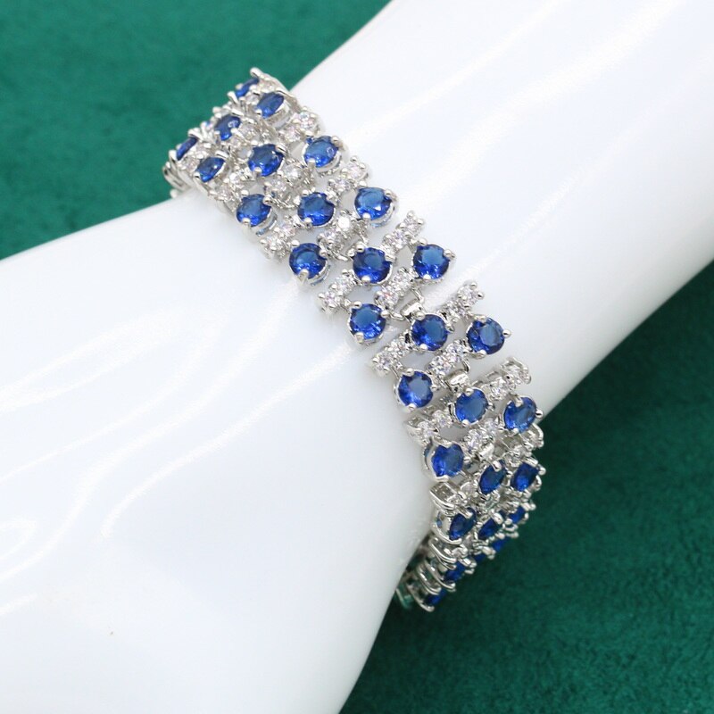 Dubai Bruiloft Zilveren Kleur Sieraden Set Voor Vrouwen Royal Blue Zirkoon Armband Lange Oorbellen Ketting Hanger Christmas