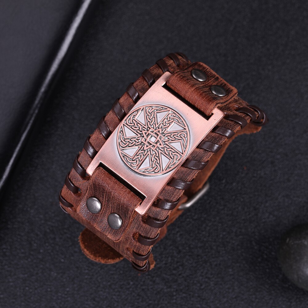 Skyrim-pulsera de cuero eslava para hombre, anís estrellado, amuleto redondo cerrado, pulsera ancha trenzada, brazalete Vikingo, joyería Vintage