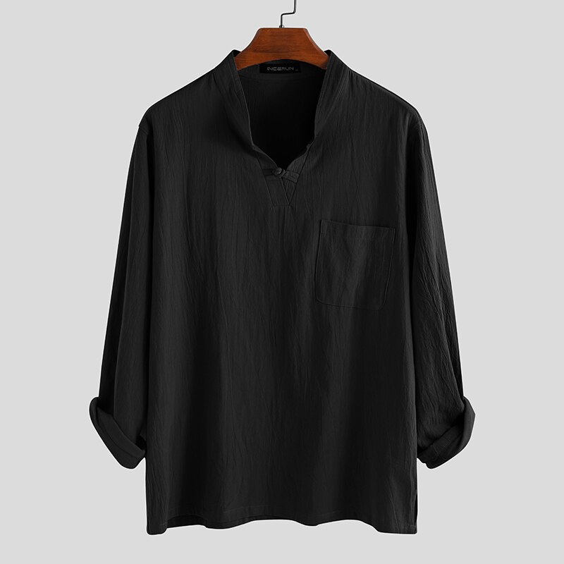 INCERUN Mens Shirt Vintage Long Sleeve V-neck Cotton Linen Men Tops Plus Size Chinese Style Loose Mens Casual Shirts Camisa: Black Shirt / XL