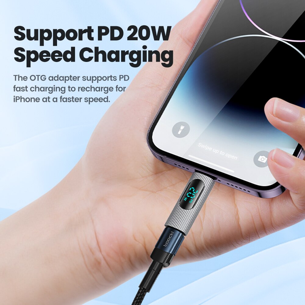 Toocki USB 2.0 wyświetlacz OTG Adapter PD 20W szybkie ładowanie błyskawicy męskie do typu C złącze żeńskie dla iPhone 15 14 13 konwerter