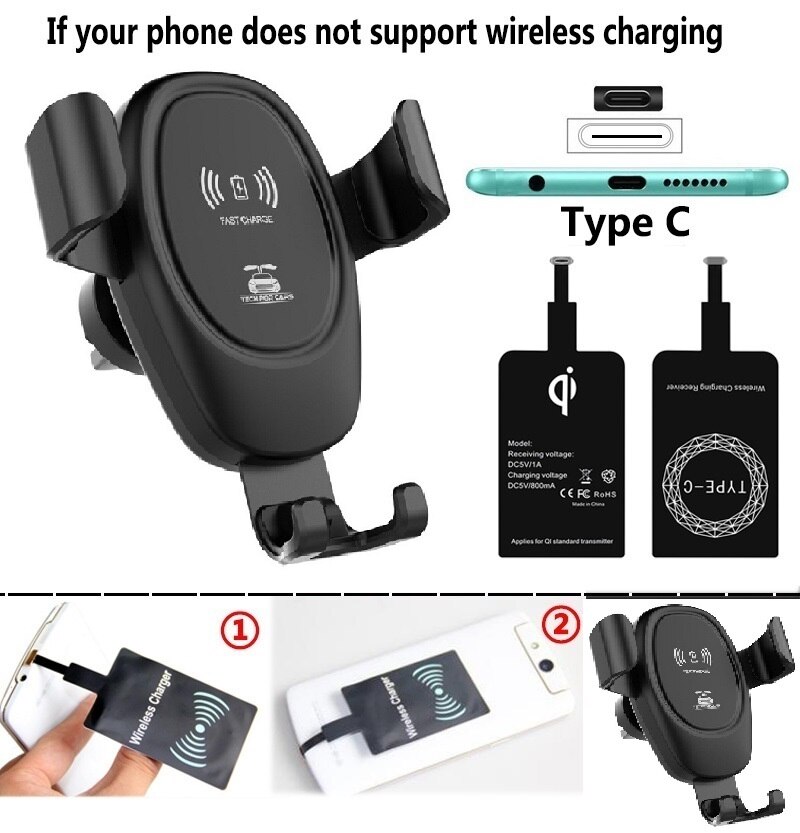 D12 Automatic Clamping Gravity Car Phone Holder 10W Qi Wireless Fast Car Charger for iPhone 11 Pro Max Huawei P30 Pro Samsung S9: for Type-C