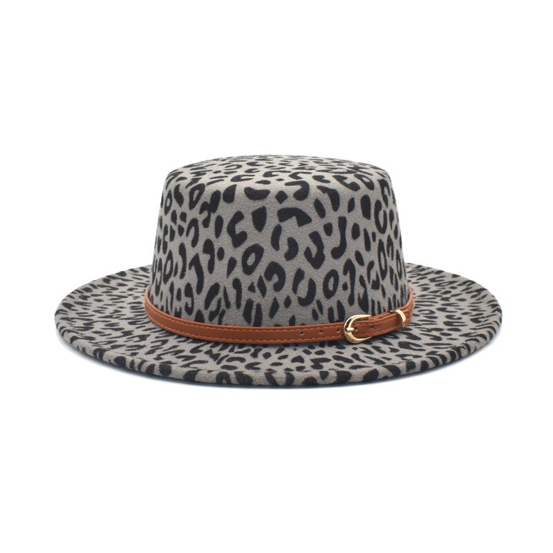 Klassisk leopardfilt fedora mænds og kvinders kunstige uld blandet jazz hat bred rand enkel kirke derby flad top hat re