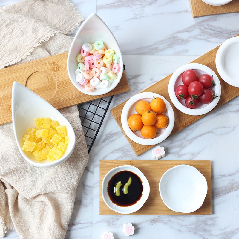 Keramik Snacks Platten mit Bambus Tablett Japan Stil Kreative Obst Platte Nachmittag Tee Tabletts Nachspeisen Platte Soße Gericht