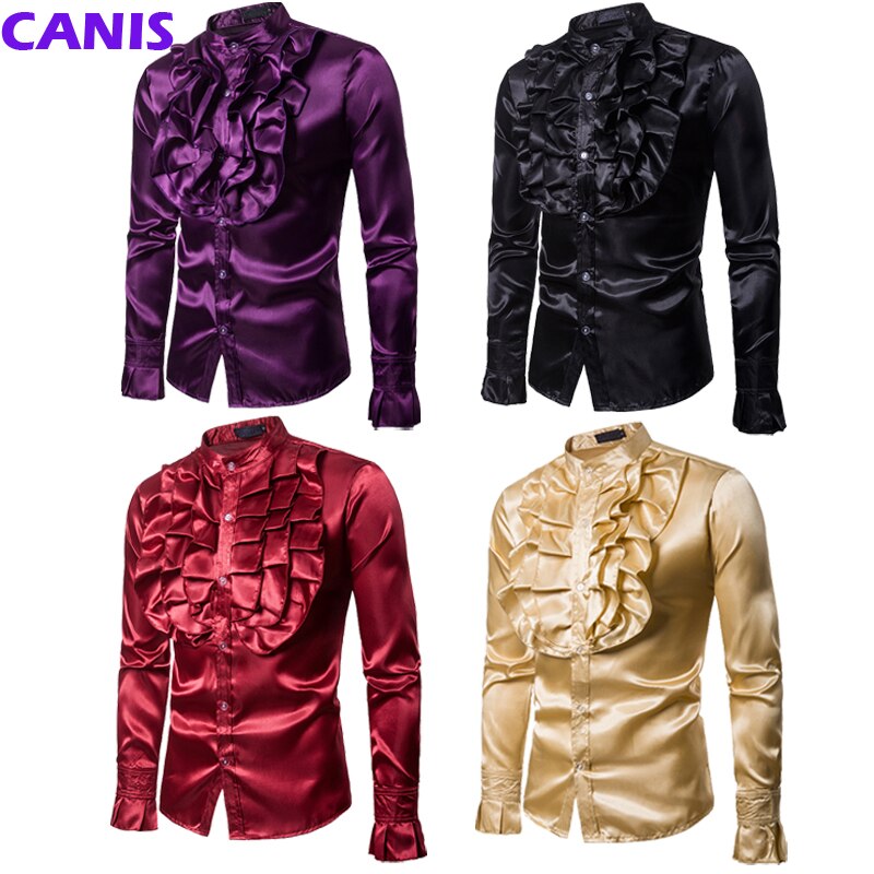 Stilfuld luksus silke skjorte herre satin glat solid smoking skjorte slim fit skinnende guld bryllup tøj skjorter