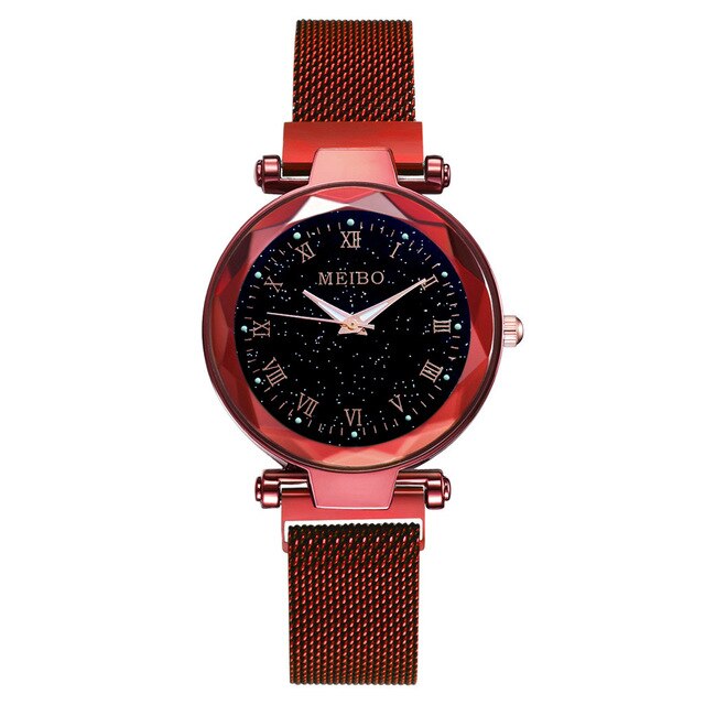Relogio Feminino Women Starry Sky Watches Magnetic Mesh Belt Watch Women Dress Luminous Quartz Wristwatch Zegarek Damski: C Red