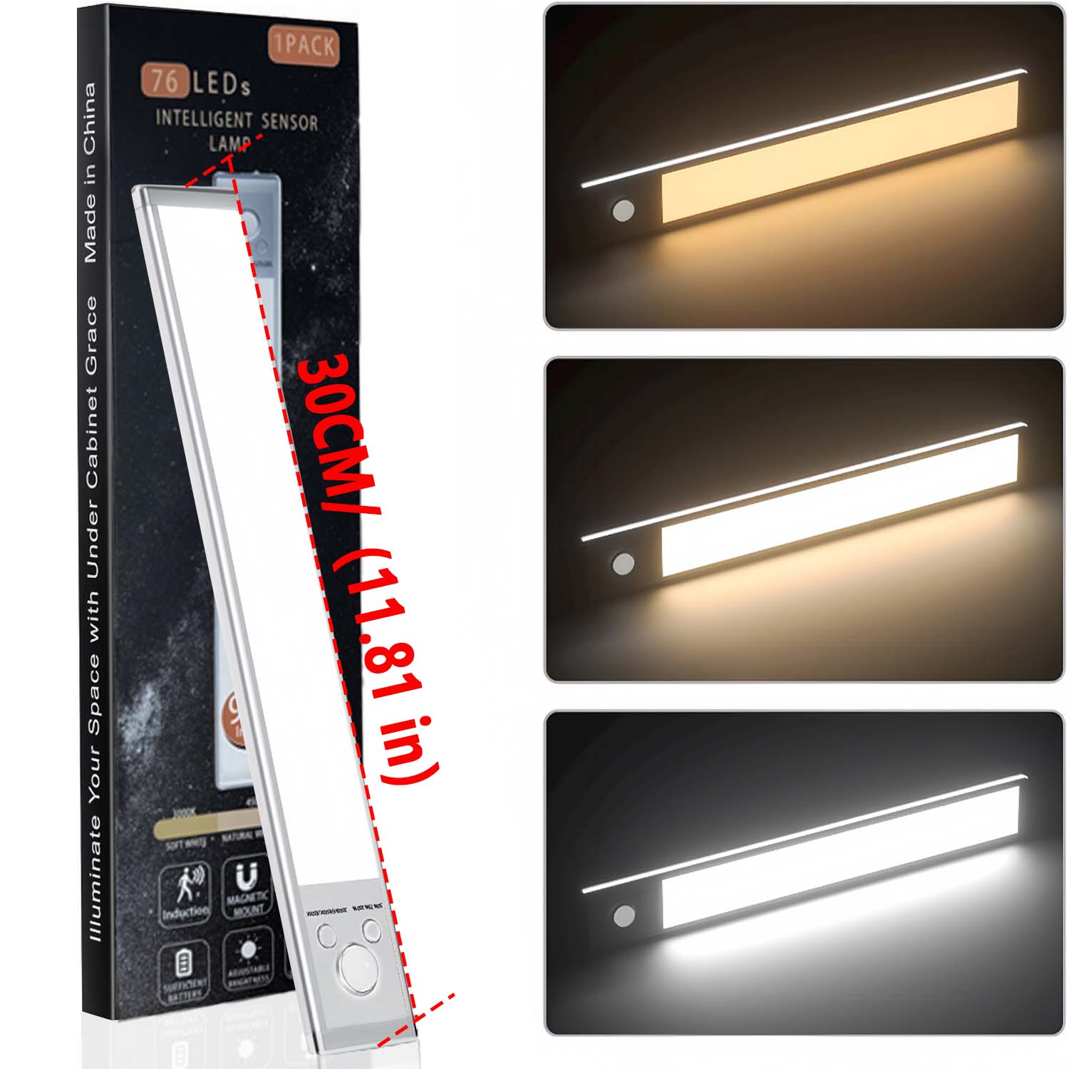 Luz LED para armario, lámpara Led con Sensor de movimiento recargable por USB tipo C para iluminación de armario de cocina, 25cm/30cm: Morado