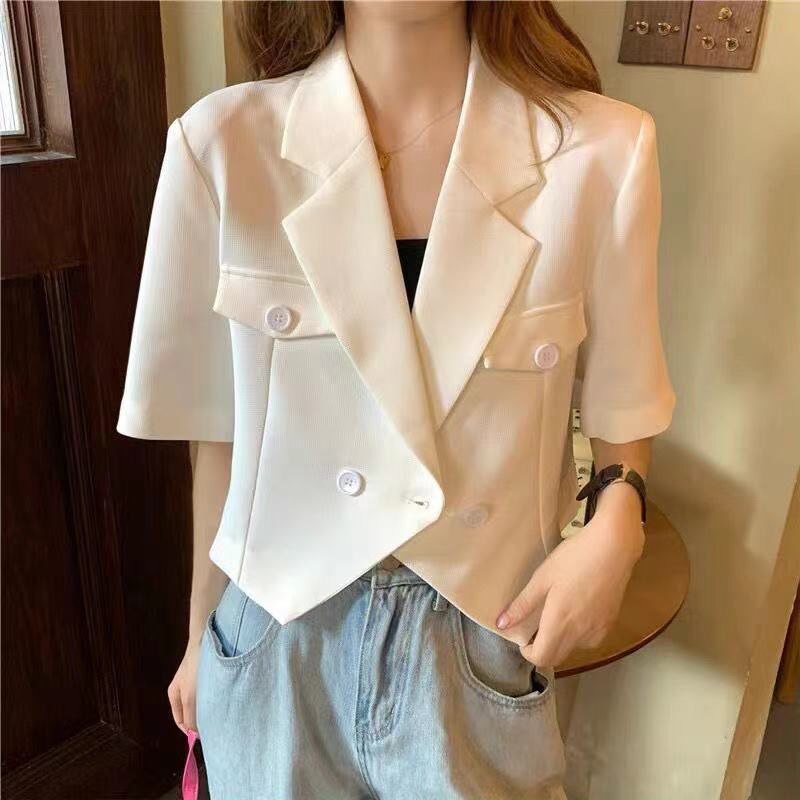 Zomer Korte Mouw Onregelmatige Zwarte Blazers Vrouwen Modieuze Ulzzang Office Lady Double Breasted Crop Tops Losse Uitloper Suits