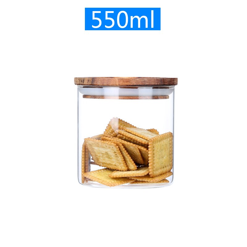 storage tank tea pot Glass sealed jars Food storage tank moisture-proof and insect-resistant high-grade acacia wooden lid: 550 ml