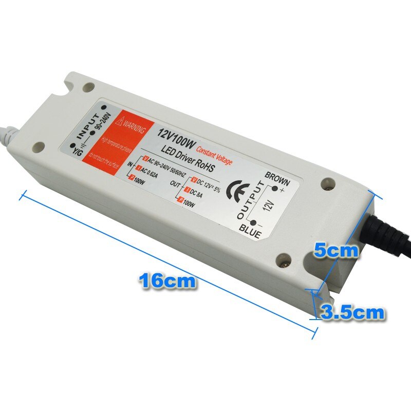 Led driver 18w led voeding led transformator 12v 5W 18w 28w 48w 72w 100w voor led strip mr16 mr11: 100W