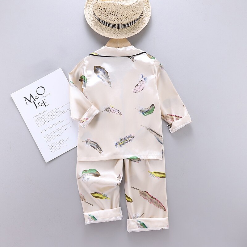 Lente En Herfst Baby Kids Meisjes Jongens Feather Print Nachtkleding Set Lange Mouw Blouse Tops Slaap Broek