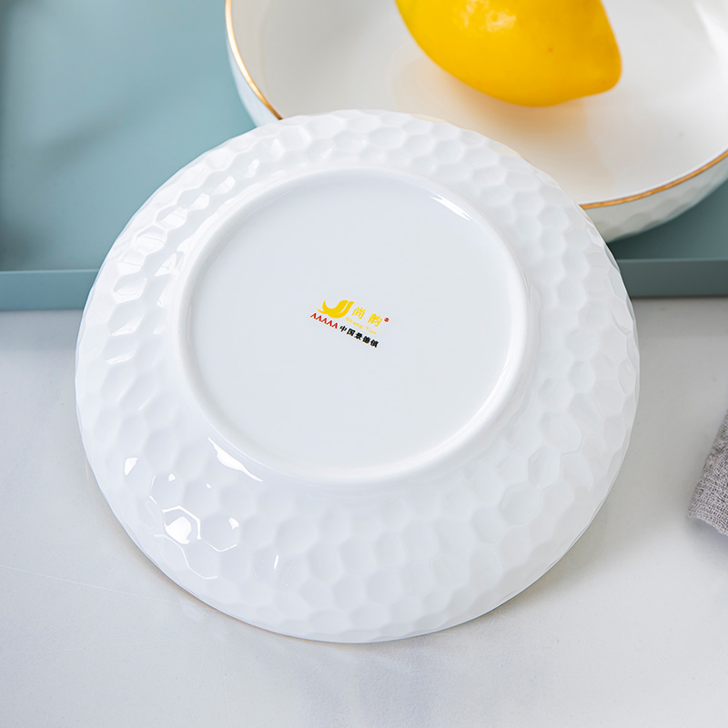 Golden Rim Bone China Dinner Plate Household White Deep Plate Ceramic Dumpling Plate Hotel Tableware Kitchen Supplies