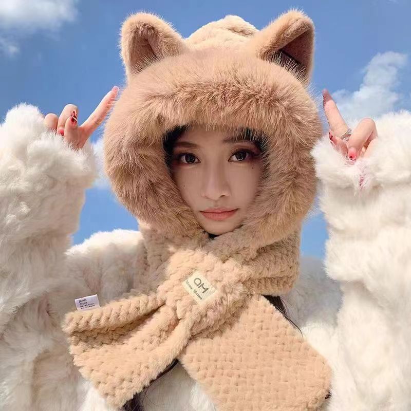 Lovely Beanie Hat Scarf Set Women Faux Fur Warm Winter Hat Children Parent Neck Circle Scarf Ski Snow Hat Cap Skullies Beanies: black