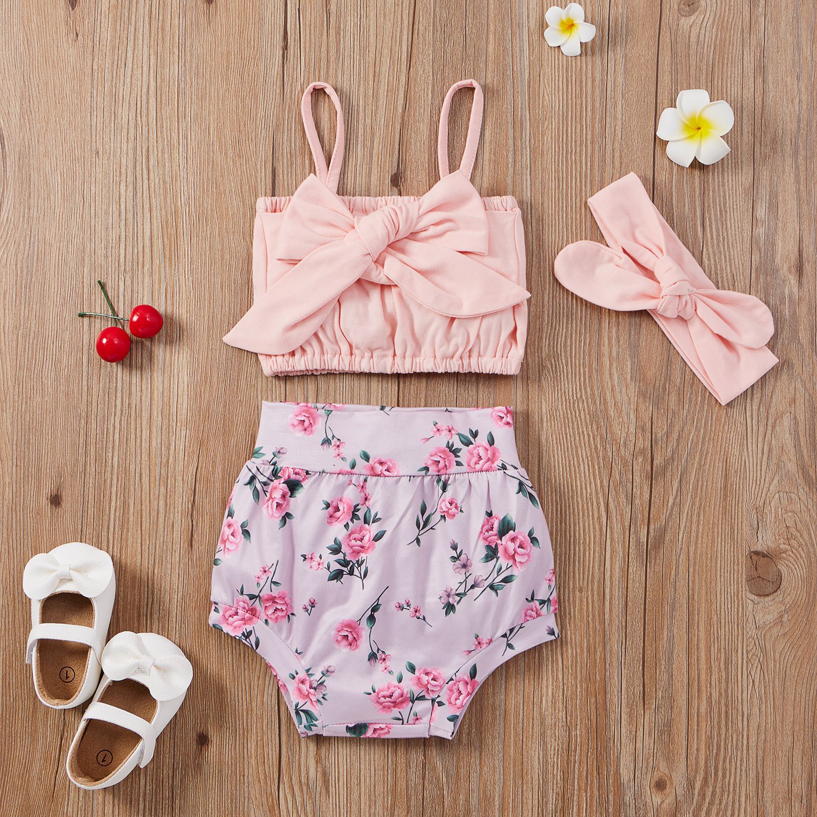 Baby Twin Clothes Infant Girl Summer Outfits Toddler Solid Suspender Top + Floral Shorts + Headband 3pcs Set Children Clothing