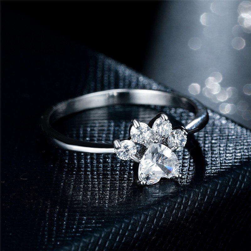 Sød kat pote hund klo ring hvid zirkon hjerte sten ringe til kvinder bryllup smykker vintage sølv farve dyre fodspor ring