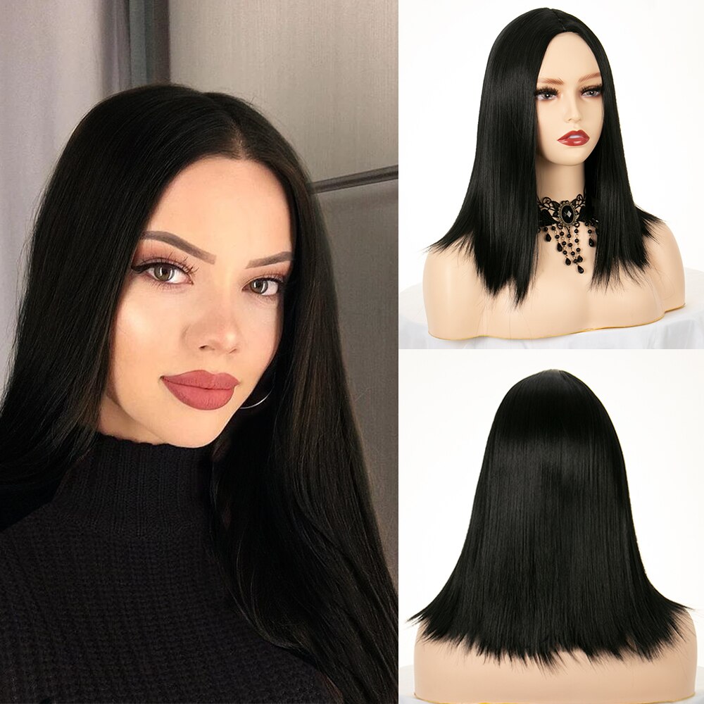 Ombre Straight Blue Wig Middle Part Short Bob Synthetic Hair 14&quot; Shoulder Length With Dark Roots Cosplay Costume Wigs For Women: Natural Black