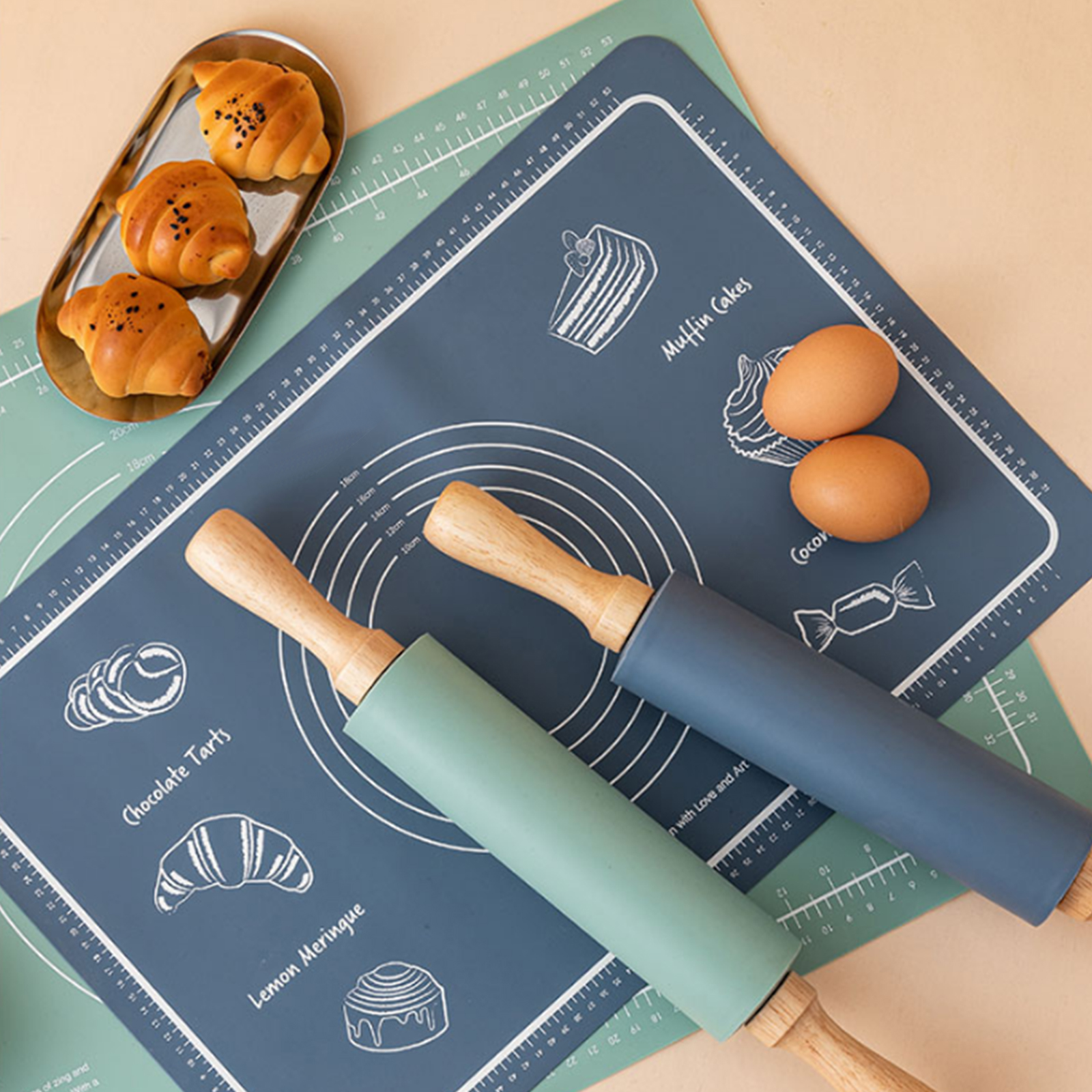 Silicone Kneading Pad Set 3 Pieces Pastry Mat with Measurement Rolling Pin Cutter Counter Broad Cake Baking Dough Cookies Mat