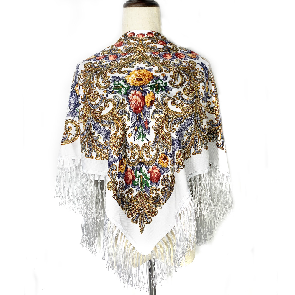 Bufanda rusa de 115x115cm para mujer, Bandana cuadrada con estampado Floral de lujo, chal con flecos ucranianos, pañuelo Babushka, envolturas para la cabeza: Plata