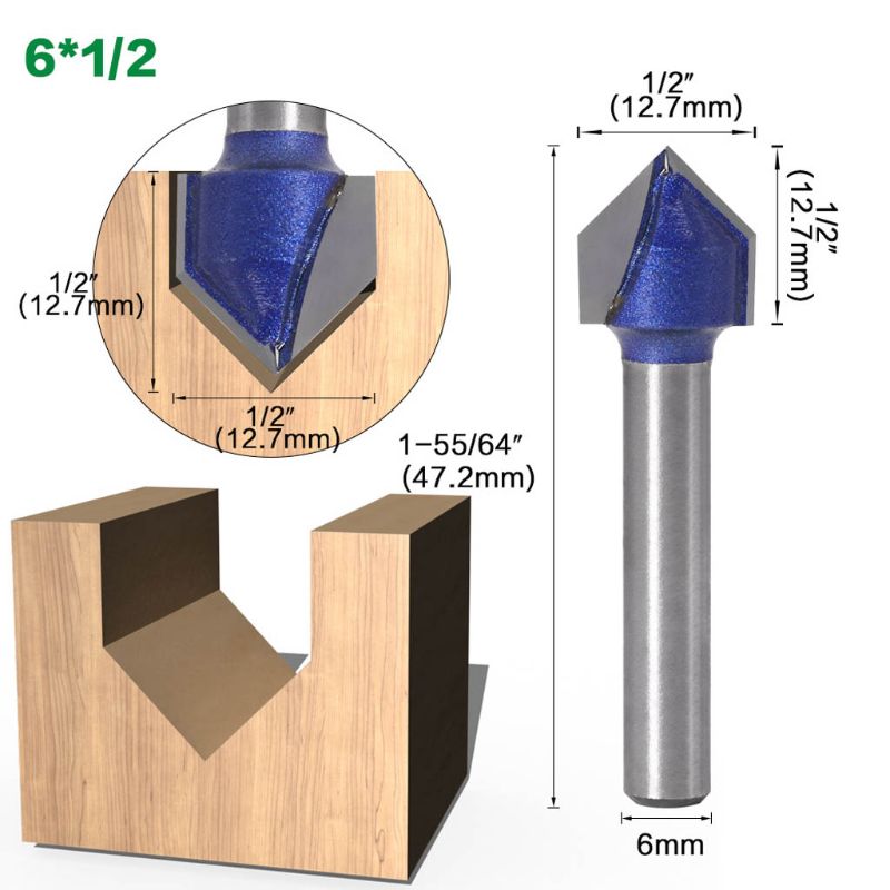 6mm Shank 90 Degree V Groove Router Bit 1/4\" 5/16\" 3/8\" 1/2\" Engraving Cutter: D