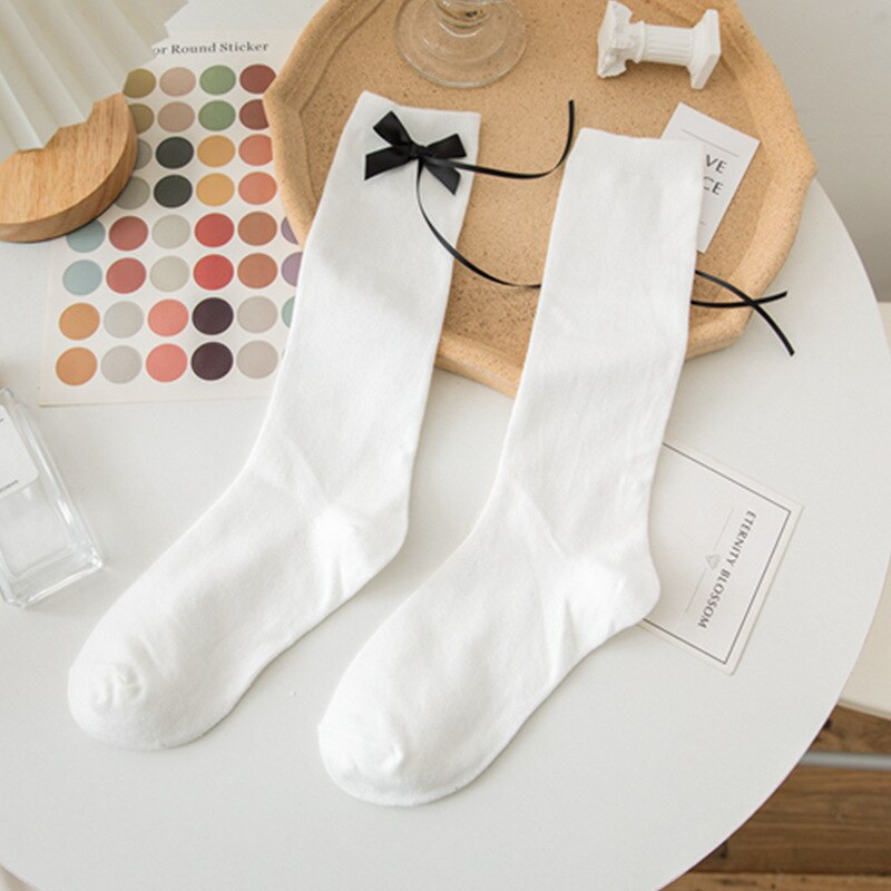 Lolita – chaussettes longues en coton avec nœud papillon pour femme, chaussettes à jambes hautes, blanc, noir, , 2022: white