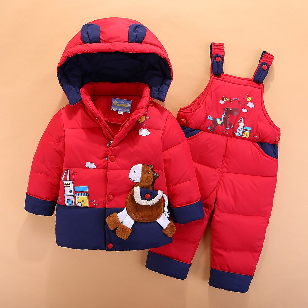 Inverno Dei Bambini Set Abbigliamento Per Bambini Anatra Imbottiture Giacca Per Le Ragazze Dei Ragazzi 2-3-4Yrs Pantaloni Tuta + giacca con cappuccio Per Il russo Freddo: Rosso / 4T