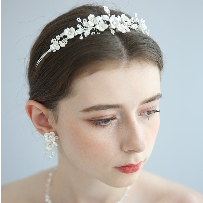 Delicate Bridal Sieraden Sets Porselein Bloem Vrouwen Ketting Oorbellen Set Wedding Party Tiara Accessoires