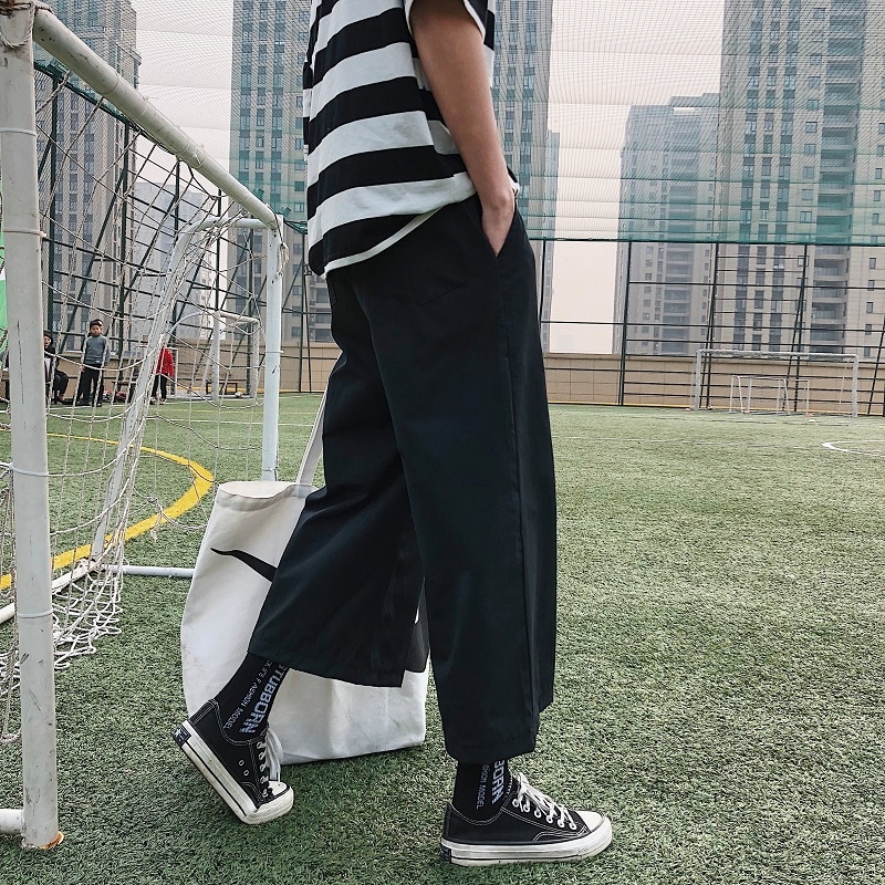 Męskie spodnie długości łydki spodnie z szerokimi nogawkami luźne rekreacyjne męskie koreańskie stylowe solidne cienkie oddychające retro Harajuku modny szyk Ulzzang