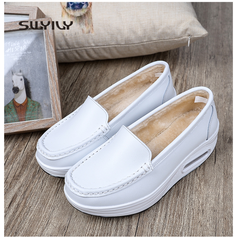 SWYIVY Women Winter Warm Shoes Plus Velvet Lady Toning Swing Shoes Wedge Leather Height Increasing Female Slimming Shoe