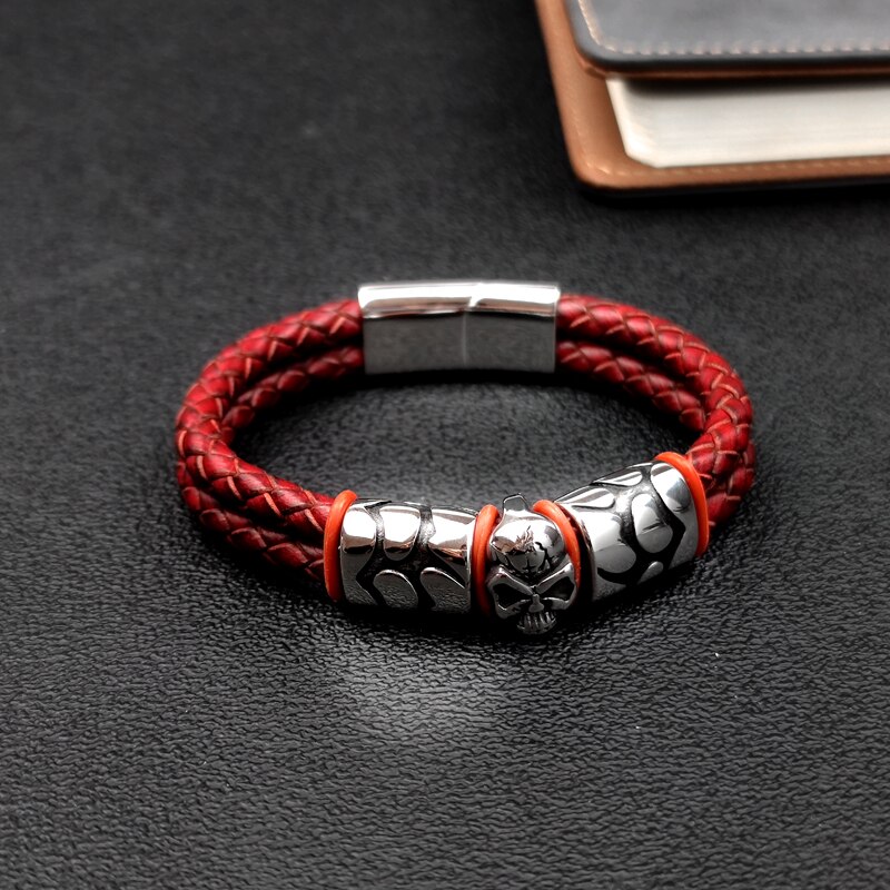 Pop Bohemian Style 316 Stainless Steel Men&#39;s Bracelet Ghost Head Accessories Woven Wine Leather Woman Bracelet 7 Day