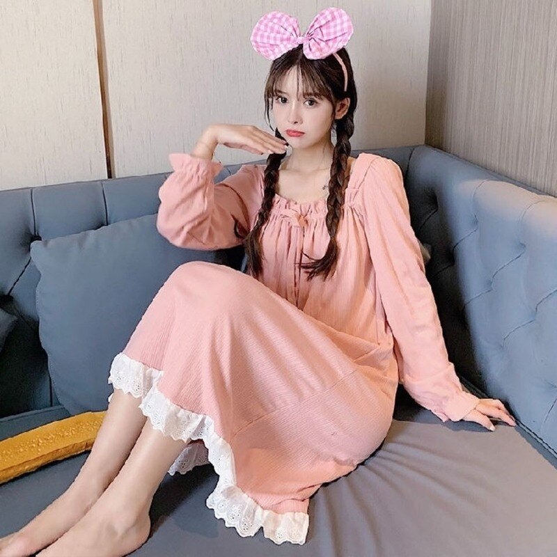 Camicia da notte bianca indumenti da notte signora primavera autunno manica lunga camicia da notte donna allentata camicie da notte principessa confortevole W49: 02 / XXL