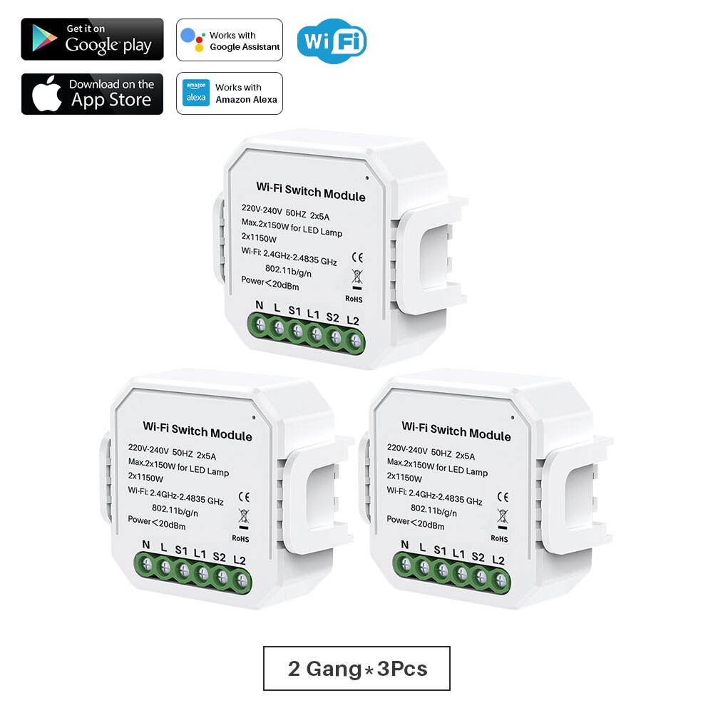 Wifi Smart Switch Module 1 Gang/2 Gang Two Way 10A 2300W Tuya Smart Leven App Afstandsbediening groep Controle Timer Werkt Met Alexa: 2Gang-3Pcs