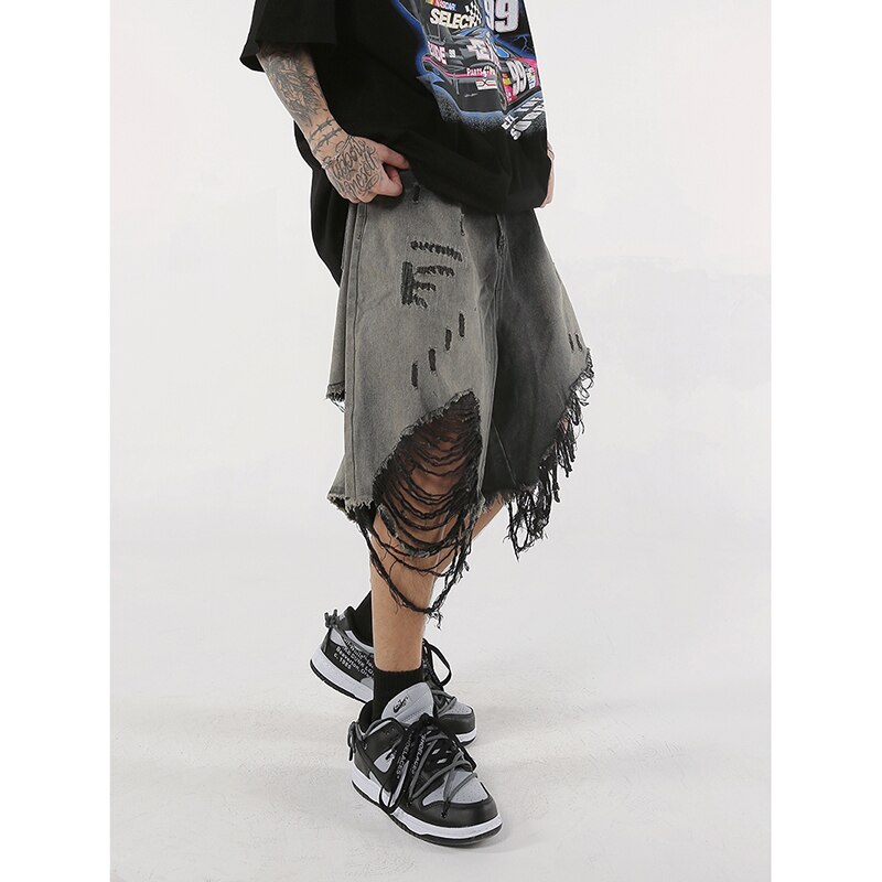 Black Washed Destroyed Denim Jeans Shorts Baggy Streetwear Swag Ripped Jeans for Men Hip Hop Distressed Biker Wide Jeans