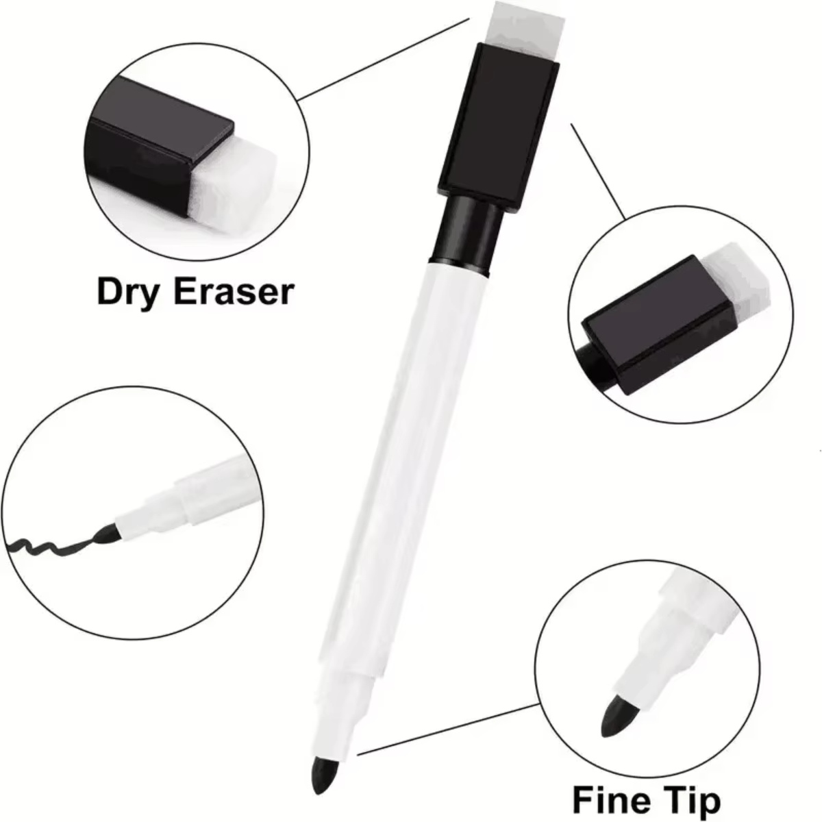 4 Stuks Zwart Droog Wissen Marker Met Gum Cap White Board Mini Dry Erase Marker Voor Kantoor Schoolbenodigdheden