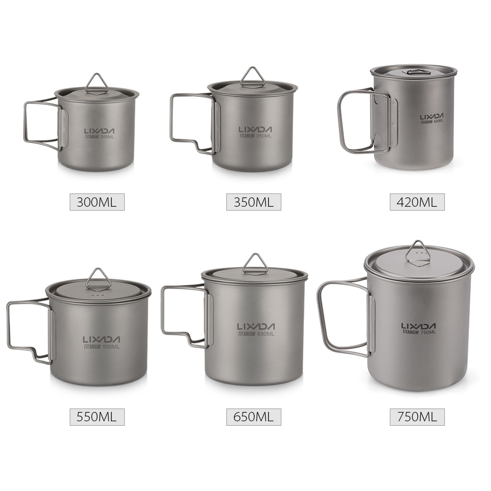 Lixada-taza de agua portátil para pícnic, taza de titanio ultraligera para exteriores, con mango plegable, 300ml / 350ml / 550ml / 650ml
